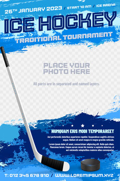 Ice hockey tournament poster template with stick and puck
