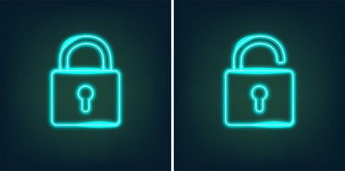 Locked and unlocked padlock icons in shiny neon graphic style
