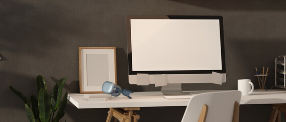 3D rendering, loft office room interior design with computer desk with supplies and stationery