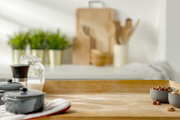 Wooden table in the kitchen in the morning sunshine