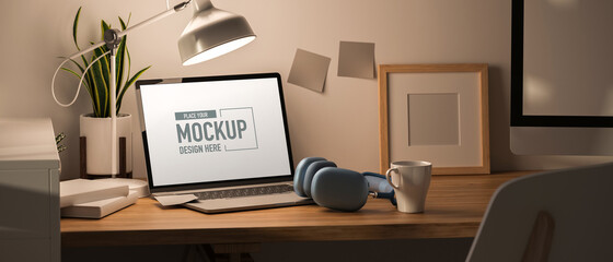 3D rendering, minimal workspace with mock up laptop computer and stationery