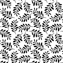black and white floral seamless pattern, endless repeatable plant texture, vector illustration background