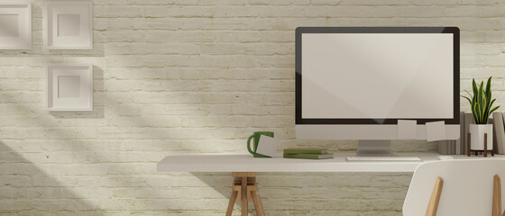 3D rendering, office desk with computer, plant pot and supplies on the table with frame and decorations on brick wall background