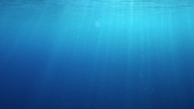 Dark blue ocean surface seen from underwater in 4K. Summer travel background. Real-life sea scene view with light rays, shining through the water and moving surface, caustics and reflections.
