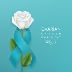 Ovarian cancer world day background with ribbon and rose
