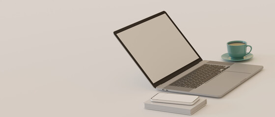 Fototapeta na wymiar Side view, 3D rendering, simple workspace with laptop, smartphone, notebook, cup and copy space