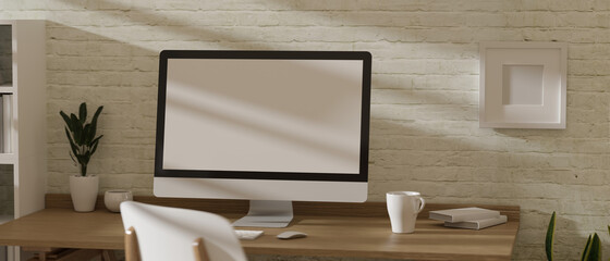 3D rendering, home office room with computer, mug and decoration on wooden table with brick wall
