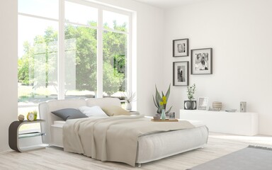 Fototapeta premium Stylish bedroom in white color with summer landscape in window. Scandinavian interior design. 3D illustration
