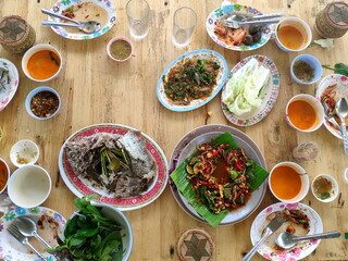 After Eating Shot. Top View of The Real Esan Food. Thai Food from North Eastern of Thailand. The very original Shot.