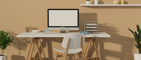 3D rendering, minimal office desk with computer, paper filling trays, headphone and stationery