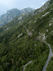 Aerial top down view of forest winding road in mountains, Montenegro. Long curving road on hills, rich vegetation, Mediterranean bush. Mountain ranges on the horizon. Summer. Travel on nature