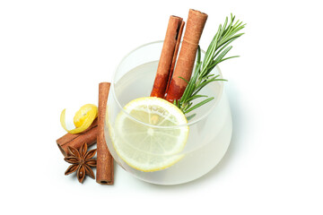 Glass of lemonade with cinnamon and rosemary isolated on white background