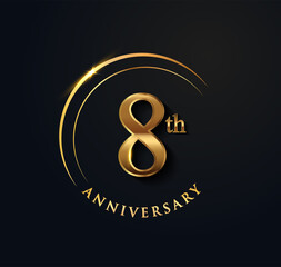 8th Anniversary Celebration. Anniversary logo with ring and elegance golden color isolated on black background, vector design for celebration, invitation card, and greeting card.