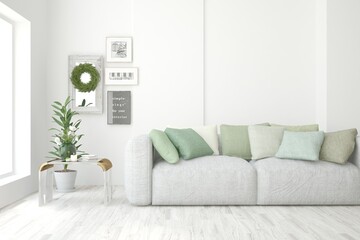 White living room with sofa. Scandinavian interior design. 3D illustration