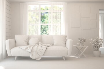 White living room with sofa and summer landscape in window. Scandinavian interior design. 3D illustration