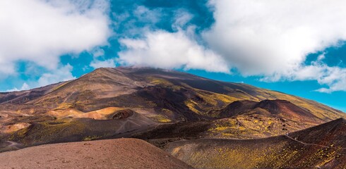 Panoramic view of Mt. Etna - the highest active volcano in Europe. Dramatic sky 