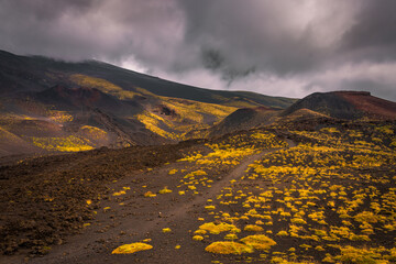 Extraterrestrial landscape of Mt. Etna - the highest active volcano in Europe. Dramatic sky 