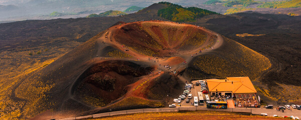High angle view of Crater Silvestri at Mount Etna - the highest active volcano in Europe  - obrazy, fototapety, plakaty