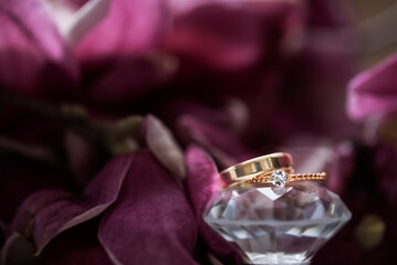 Golden wedding ring. Golden rings. Love photo. Rose. 
