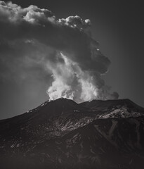 Black and white image of a massive eruption of Mt. Etna on the Italian island of Sicily 