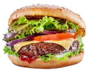 Delicious hamburger with beef cutlet, vegetables and onions isolated on a white background. Fast food concept.