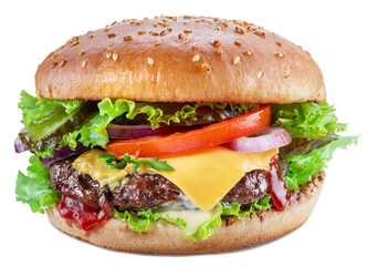 Delicious hamburger with beef cutlet, vegetables and onions isolated on a white background. Fast food concept.