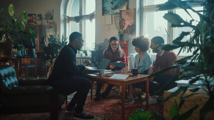 Team of Young People Brainstorm, Talking on a Meeting in Creative Office. Diverse Multi-Ethnic Group of Business Professionals Brainstorm, Use Tablet Computer, Create Social Media Marketing Content