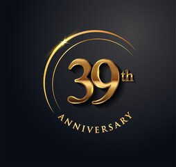 39th Anniversary Celebration. Anniversary logo with ring and elegance golden color isolated on black background, vector design for celebration, invitation card, and greeting card.