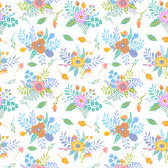 cute floral seamless pattern, endless repeatable plants texture in soft pastel colors, vector illustration background