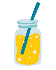 Glass jar with lemonade. Hand drawn lemonade juice icon. Fresh fruits. Refreshing cocktail. Summer drink. Vector illustration in cartoon style