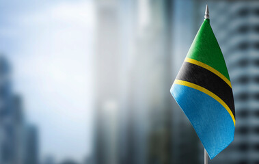 A small flag of Tanzania on the background of a blurred background