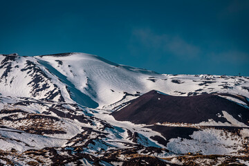 Snow capped craters of a volcano, snowboarding on active volcano. Mount Etna top craters 