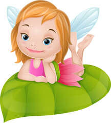 Obraz na płótnie Canvas Cartoon little fairy on green leaf