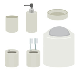 Set of 6 bathroom pastic accessories transparent background, trash can, tooth brushes, dispenser and other
