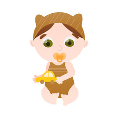 Little cute girl playing with toy car, toddler in green singlet in cartoon style isolated on white background