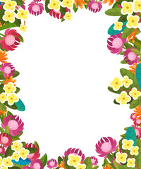 cartoon scene floral frame colorful flowers illustration