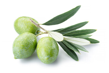 Green natural olives with leaves isolated on a white background.