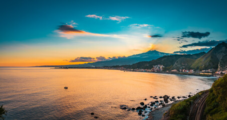 Panorama of beautiful sunset scenery on the Mediterranean coast, Italy 