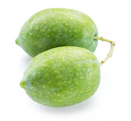 Two green natural olives isolated on a white background.