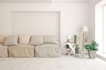 White living room with sofa. Scandinavian interior design. 3D illustration