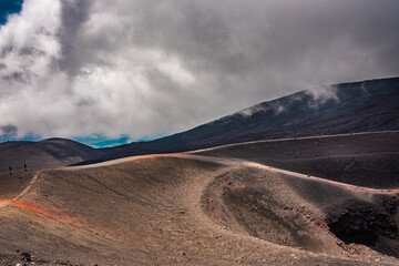 Winding roads on the top of mount Etna, dramatic sky