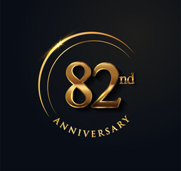 82nd Anniversary Celebration. Anniversary logo with ring and elegance golden color isolated on black background, vector design for celebration, invitation card, and greeting card.