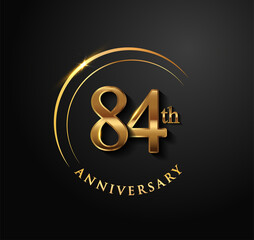 84th Anniversary Celebration. Anniversary logo with ring and elegance golden color isolated on black background, vector design for celebration, invitation card, and greeting card.