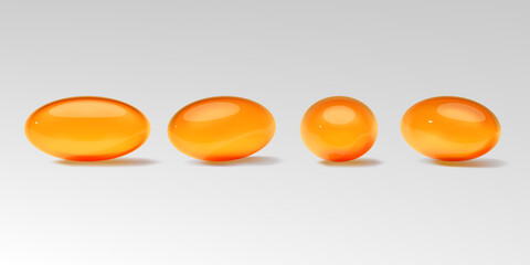 Set of different angles of a yellow pill Omega 3. 3D vector