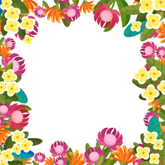 cartoon scene floral frame colorful flowers illustration