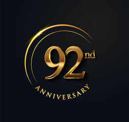 92nd Anniversary Celebration. Anniversary logo with ring and elegance golden color isolated on black background, vector design for celebration, invitation card, and greeting card.