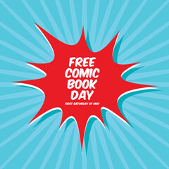 Free Comic Book Day vector. Comic book festival lettering vector. Free Comic Book Day Poster, first Saturday of May. Important day