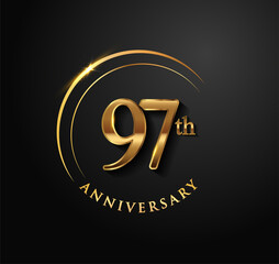 97th Anniversary Celebration. Anniversary logo with ring and elegance golden color isolated on black background, vector design for celebration, invitation card, and greeting card.