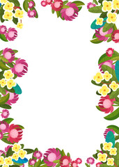 cartoon scene floral frame colorful flowers illustration