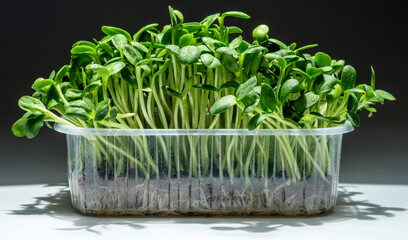 Sprouted seeds of sunflower on white table. Isolated on black background. Microgreens as a health benefit.